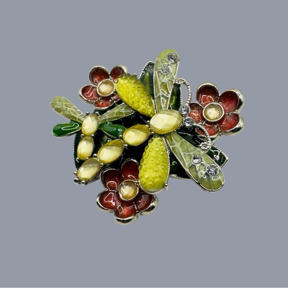 Vintage Multicolor Dragonfly Flowers Brooch Pin - 1980s - Picture 2 of 10